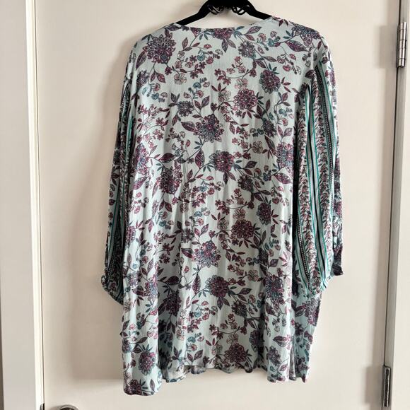 J. Jill Tasseled Tunic Top Blue Tassel Drawstring Neck Floral 3/4 Sleeve Sz M - Picture 6 of 6